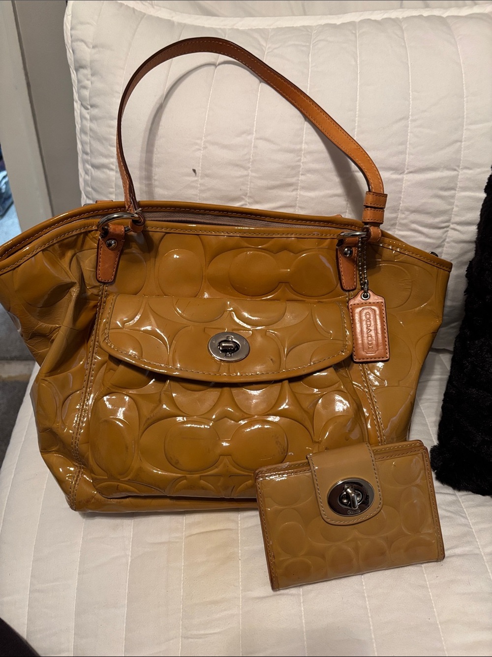Coach Patent Shoulder Bag in Mustard Brown with Matching Wallet